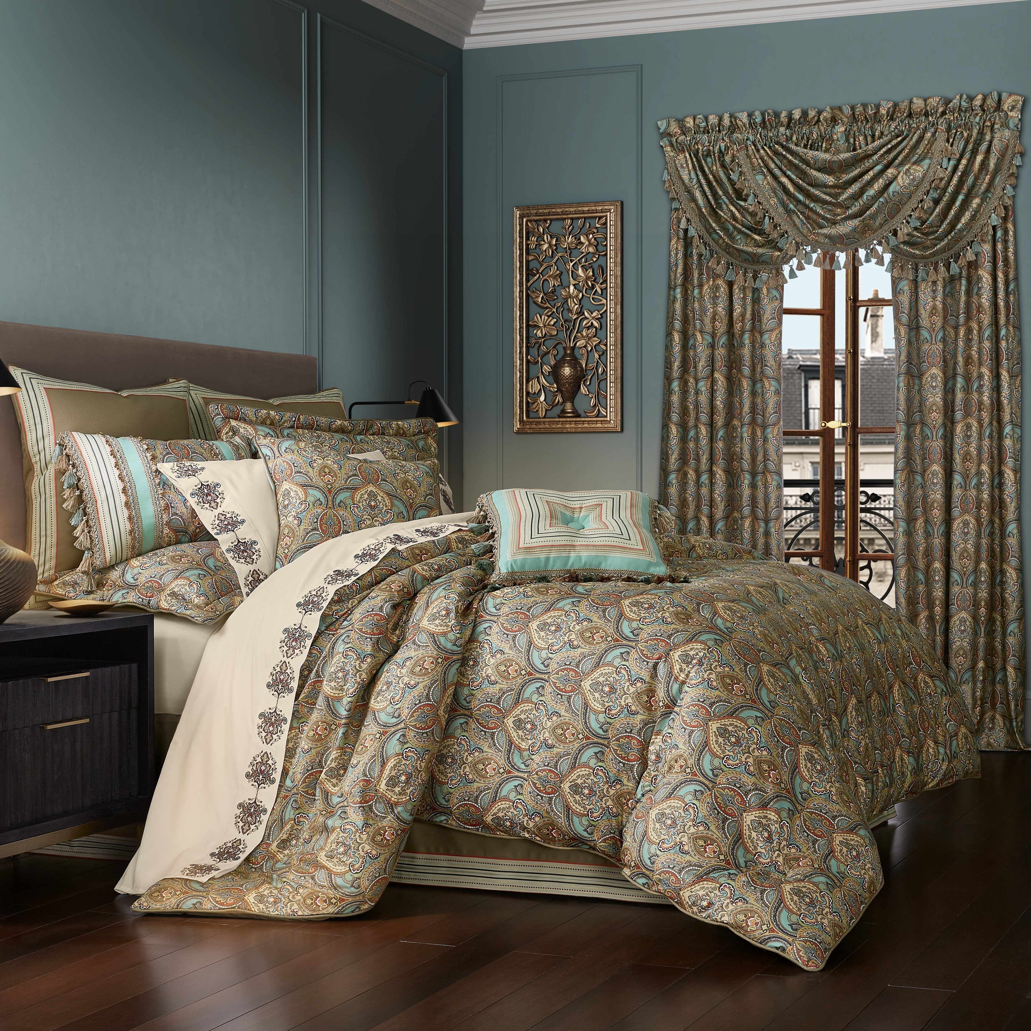 Victoria Queen Turquoise 4 Piece Comforter Set | 100% Cotton by J.Queen New York