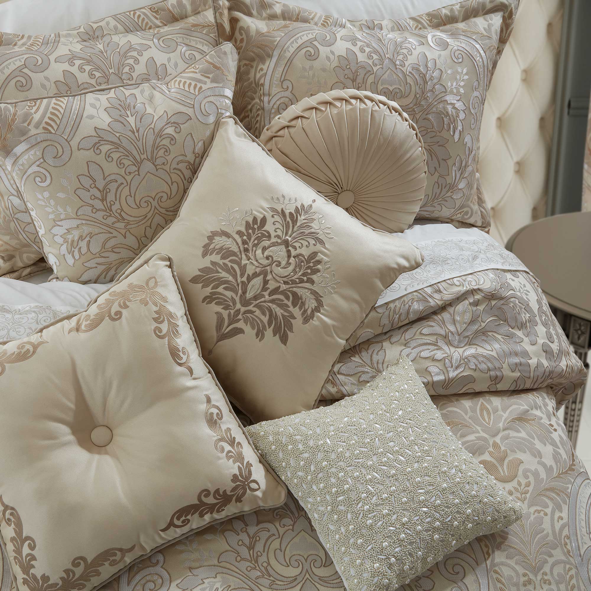 Belgium Tufted Round Decorative Throw Pillow in Champagne | Satin by J.Queen New York