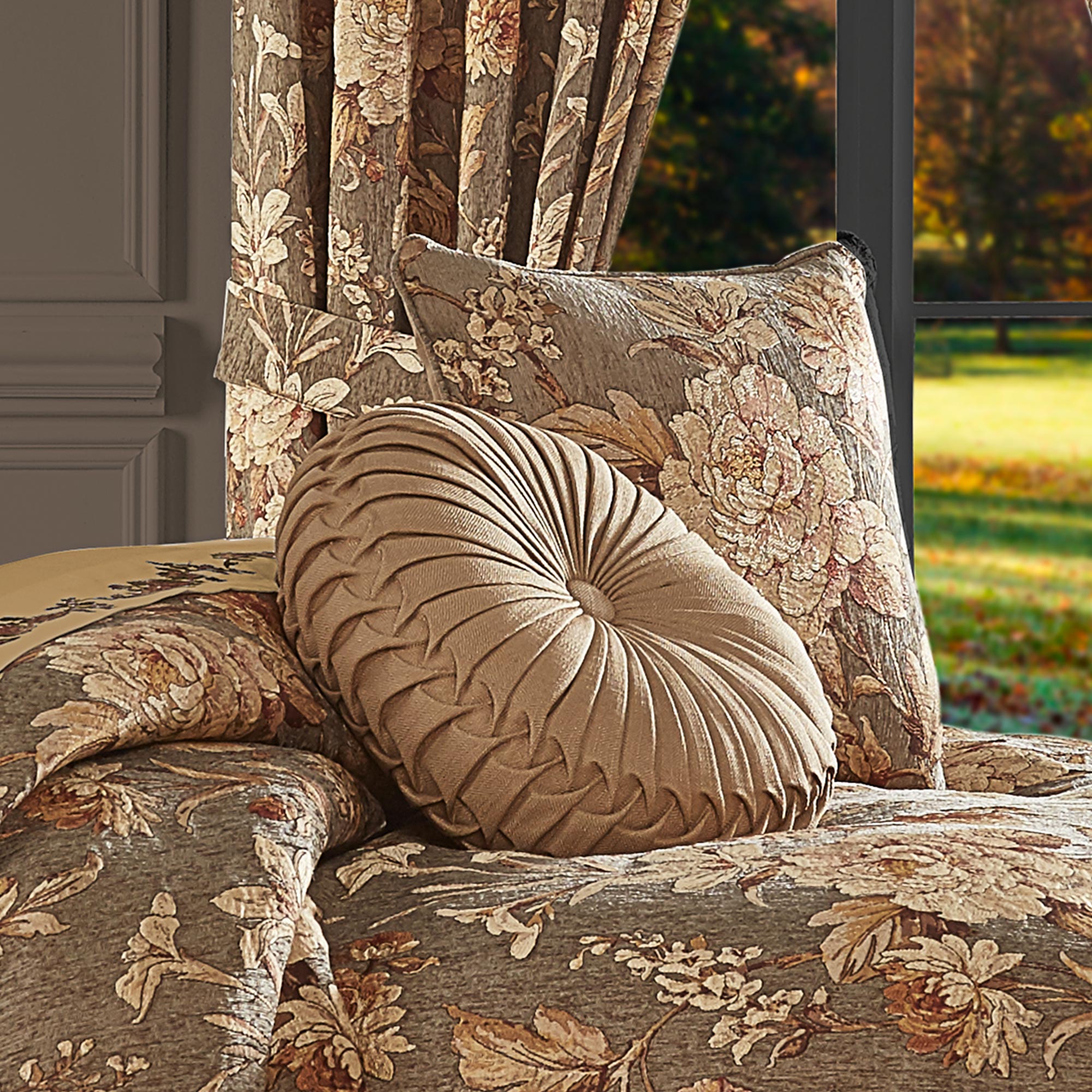 Camellia Tufted Round Decorative Throw Pillow in Gold by J.Queen New York