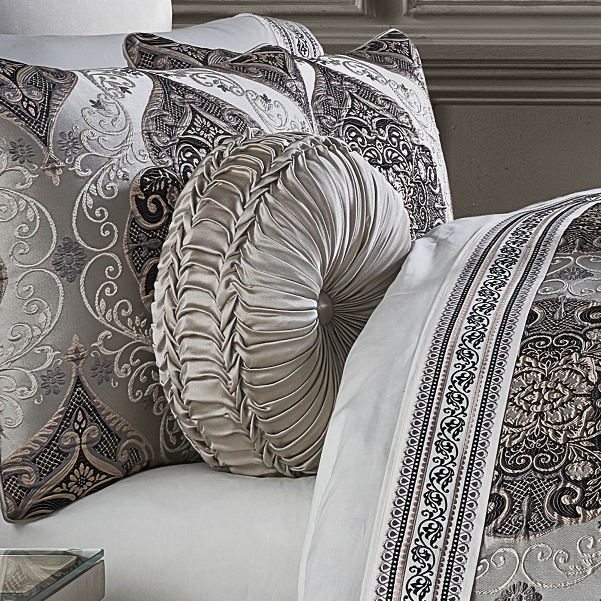 Desiree Tufted Round Decorative Throw Pillow in Silver | Satin by J.Queen New York