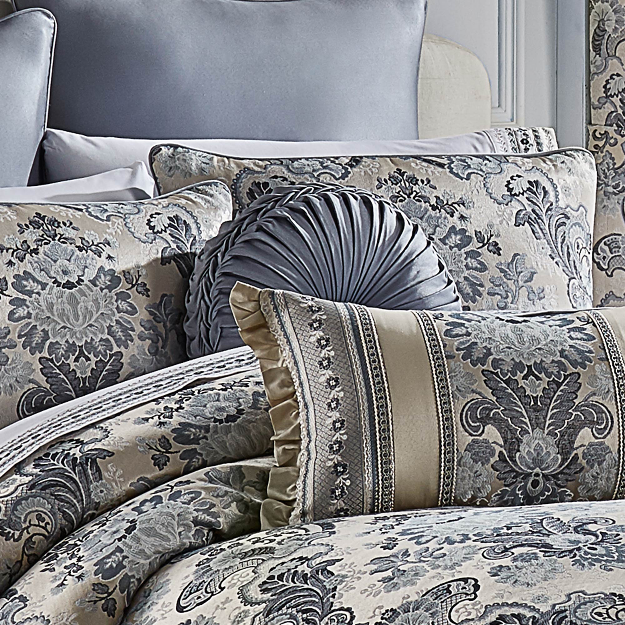 Glendale Tufted Round Decorative Throw Pillow in Blue | Satin by J.Queen New York