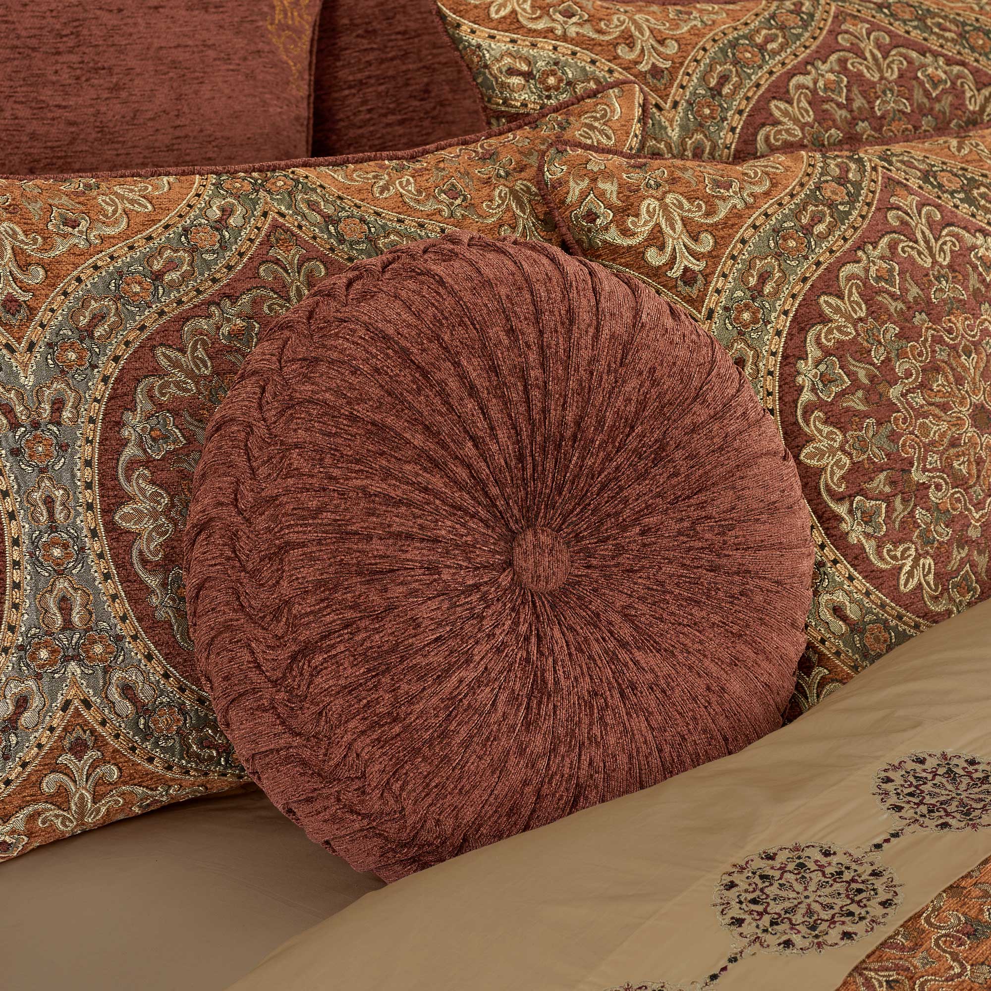 Harvest Moon Tufted Round Decorative Throw Pillow Burgundy By J Queen New York