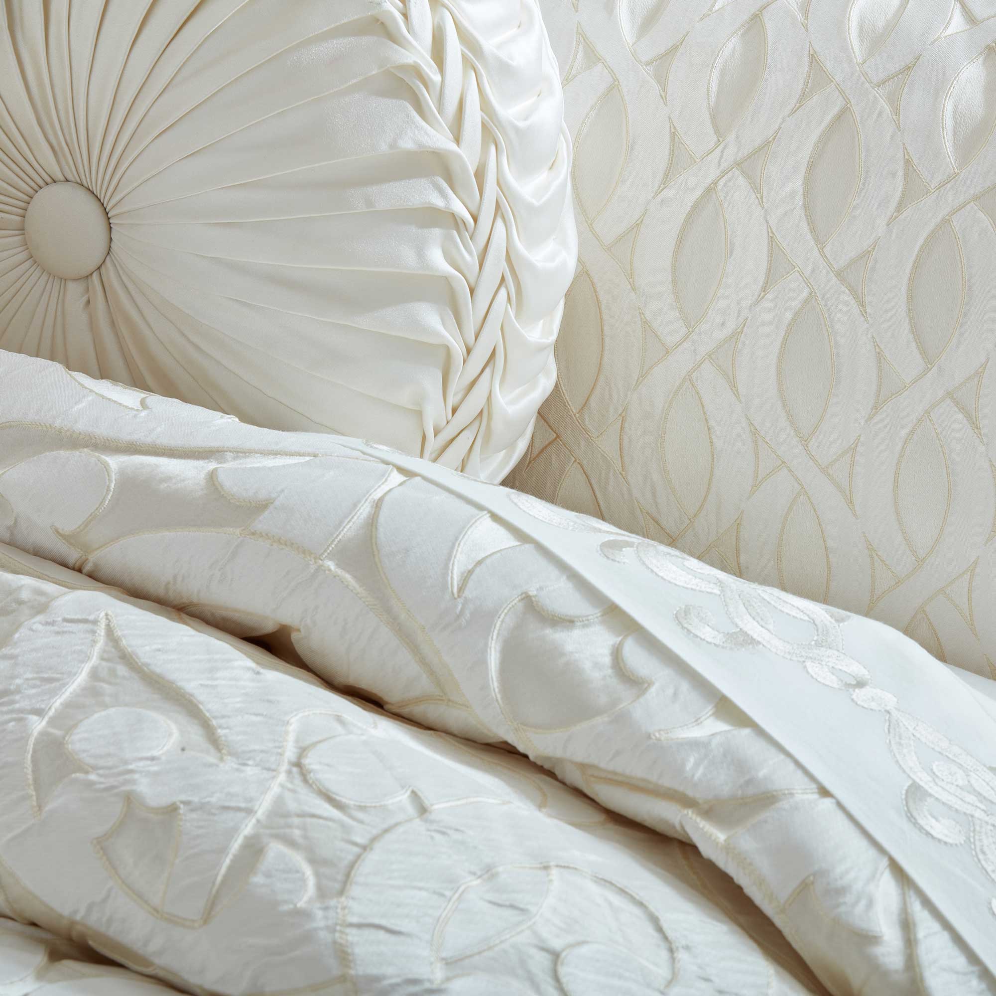 La Boheme Tufted Round Decorative Throw Pillow in Ivory | Satin by J.Queen New York