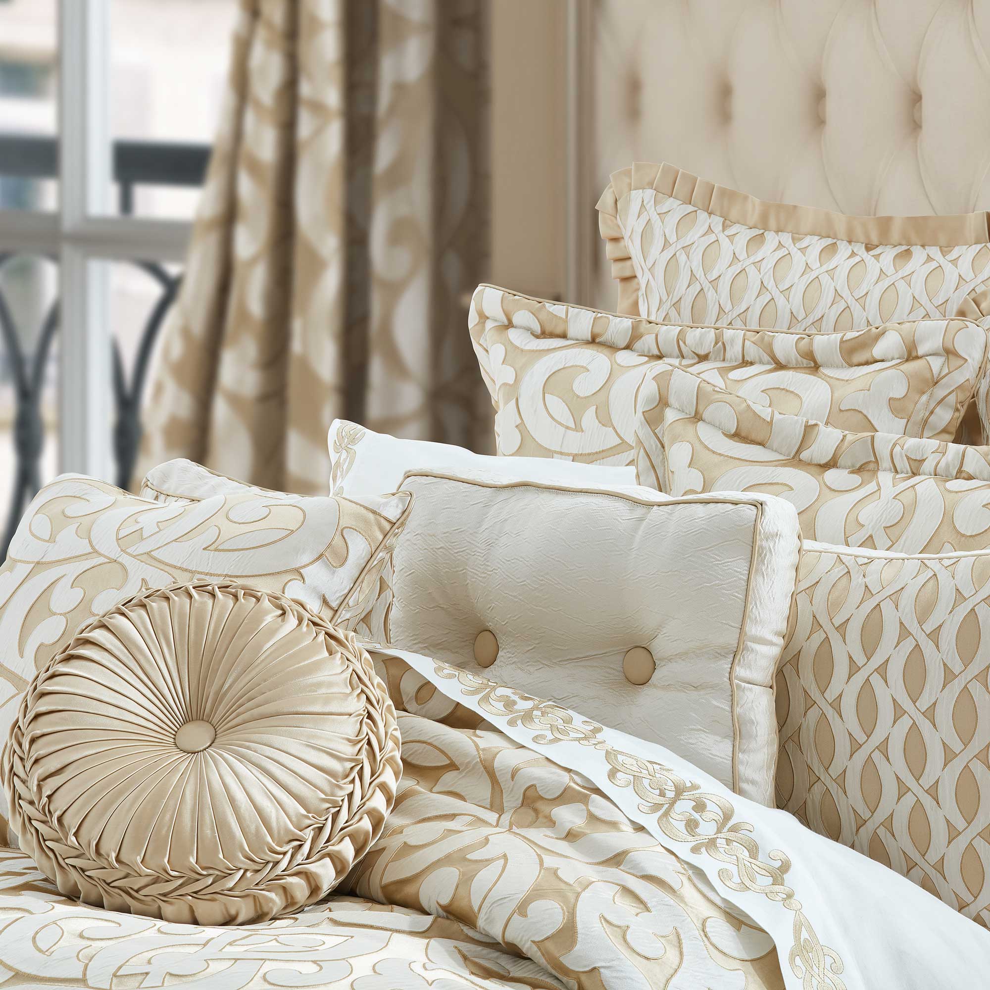 La Boheme Tufted Round Decorative Throw Pillow in Gold | Satin by J.Queen New York