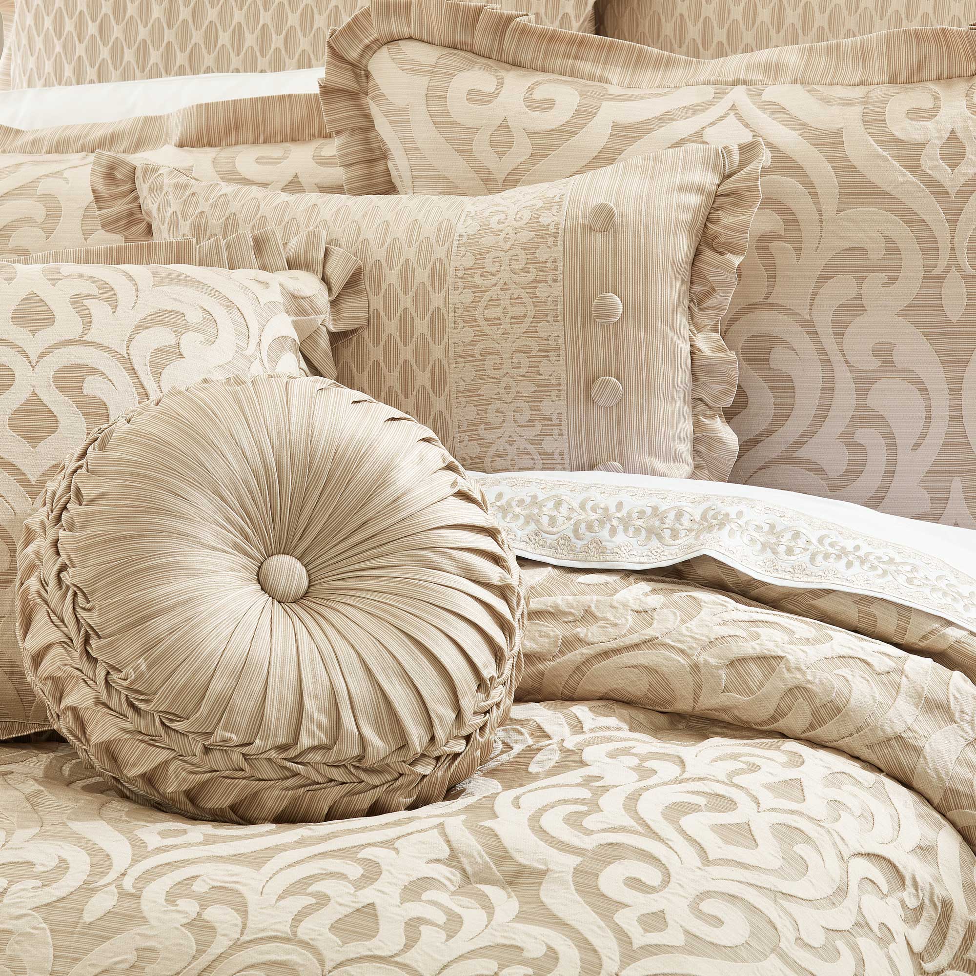 Montpellier Tufted Round Decorative Throw Pillow in Sand | Satin by J.Queen New York