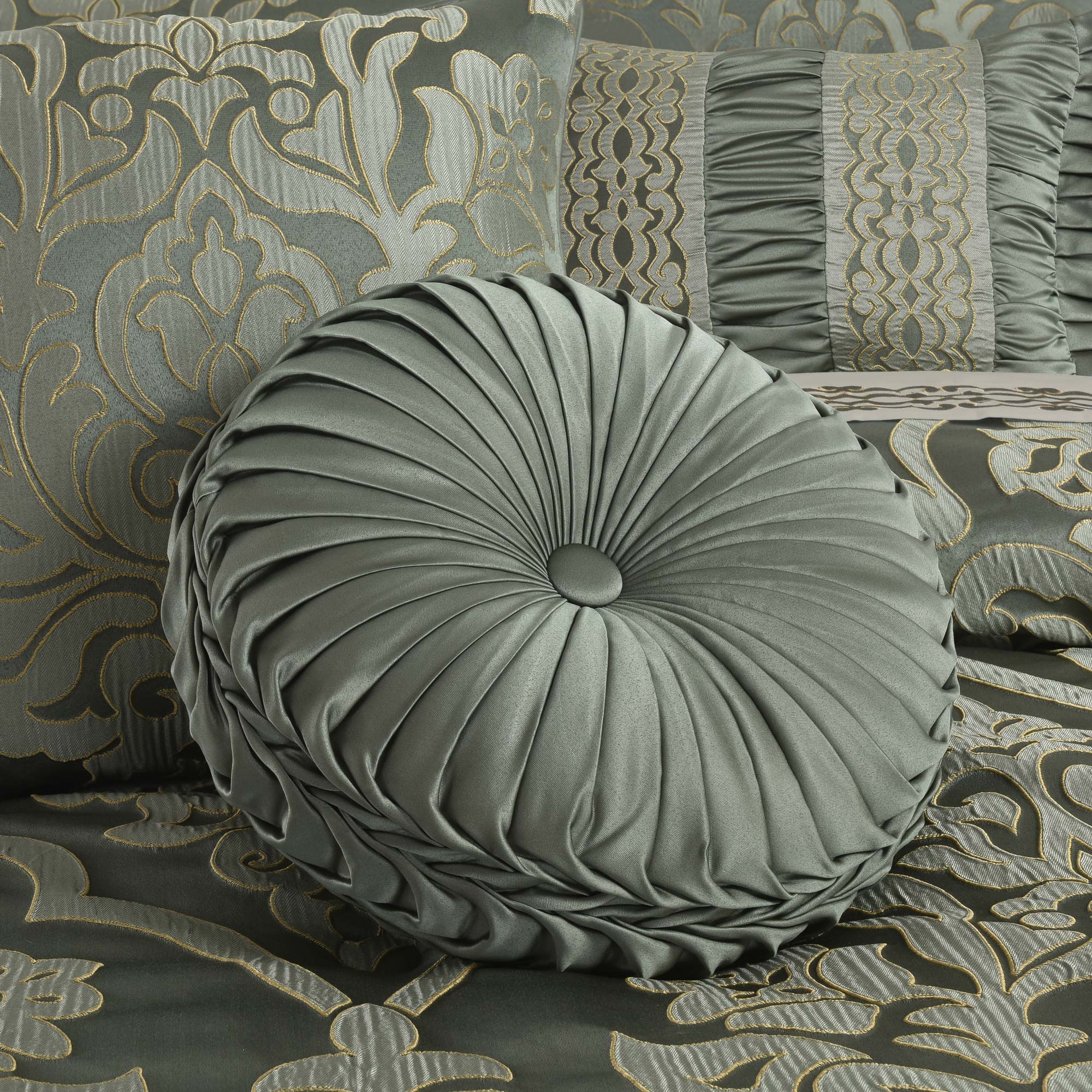 Santino Tufted Round Decorative Throw Pillow Jade | Satin by J.Queen New York