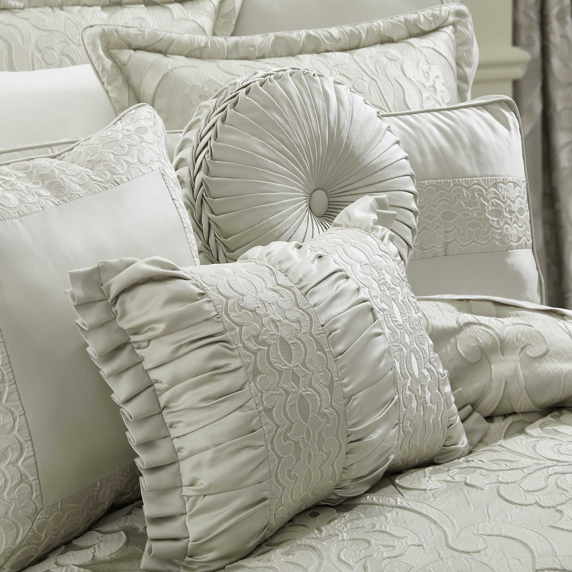 Surano Tufted Round Decorative Throw Pillow in Celadon Green | Satin by J.Queen New York